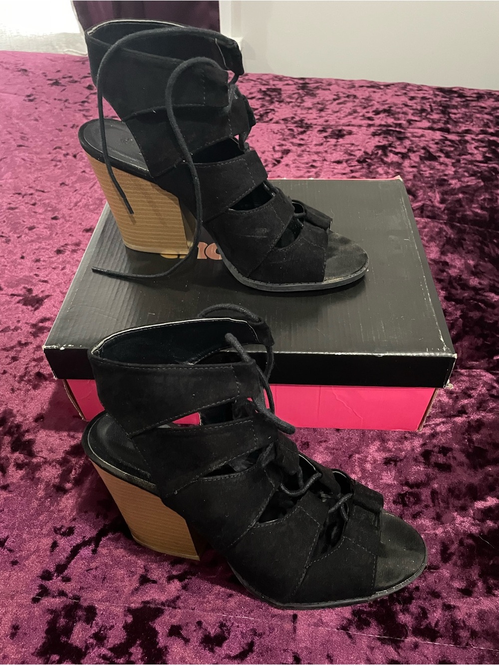 Charlotte Russe Black Suede Lace-Up Block Heel Sandals